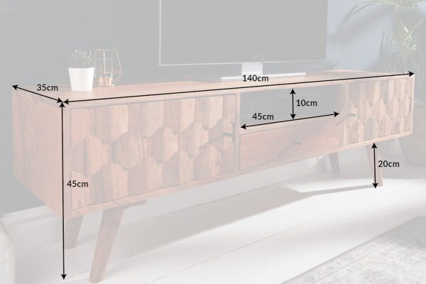 TV Lowboard en acacia, largeur 140 cm, façades 3D massives