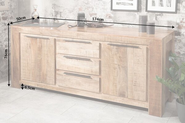 Buffet en bois de manguier 174 x 76 cm fait main tiroirs portes