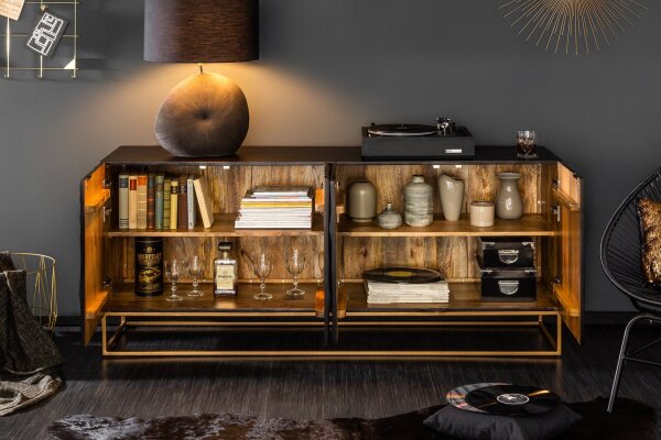 Sideboard noir or 177 x 76 cm fait main grand bois métal