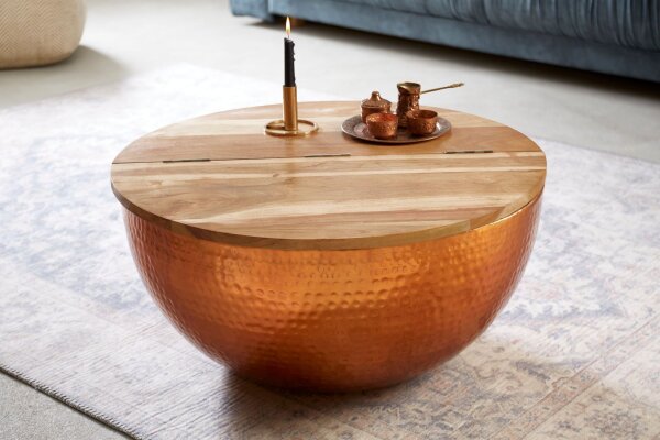Table coffre ronde Ø 60 cm bois dacacia métal en cuivre
