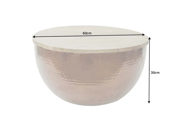 Table coffre ronde Ø 60 cm bois dacacia métal en cuivre
