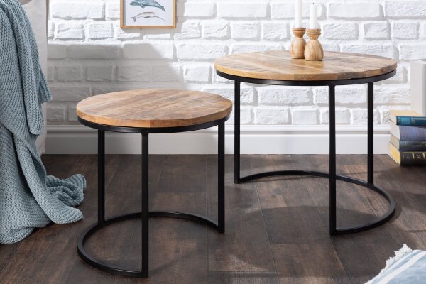 Set de 2 tables dappoint rondes en bois de manguier et métal