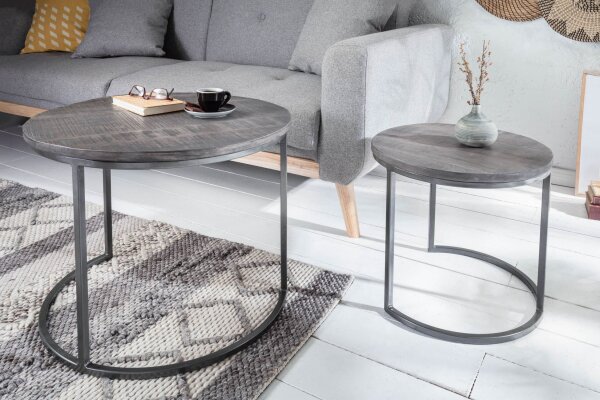 Set de 2 tables dappoint en bois de manguier et métal gris noir