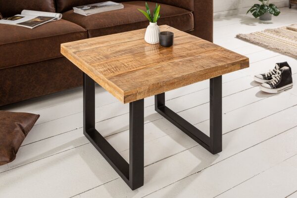 Table basse mangue bois métal 60 x 60 cm piètement traîneau