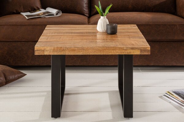 Table basse mangue bois métal 60 x 60 cm piètement traîneau