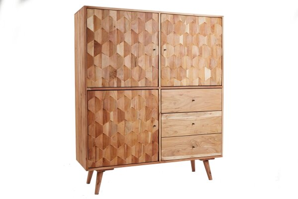 Highboard bois acacia 118 x 140 cm façade 3D tiroirs portes
