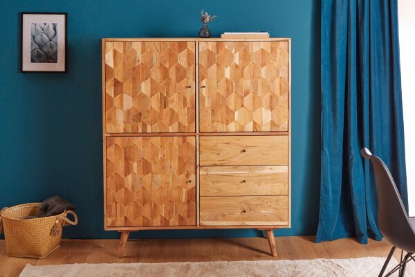 Highboard bois acacia 118 x 140 cm façade 3D tiroirs portes