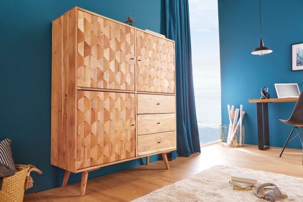 Highboard bois acacia 118 x 140 cm façade 3D tiroirs portes