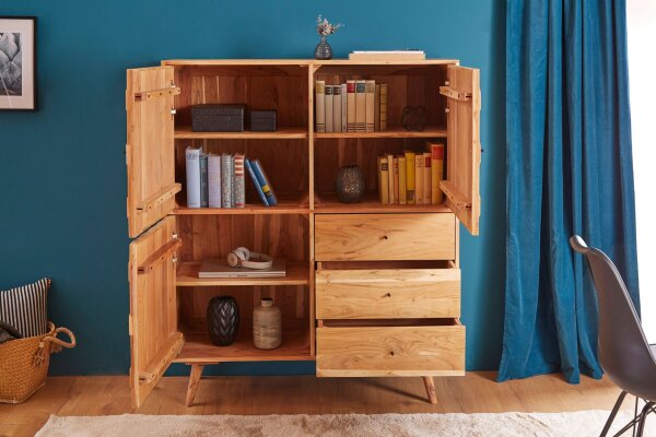 Highboard bois acacia 118 x 140 cm façade 3D tiroirs portes