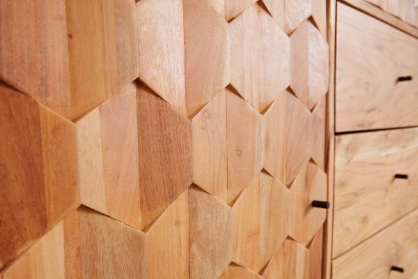Highboard bois acacia 118 x 140 cm façade 3D tiroirs portes