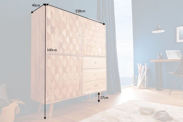 Highboard bois acacia 118 x 140 cm façade 3D tiroirs portes