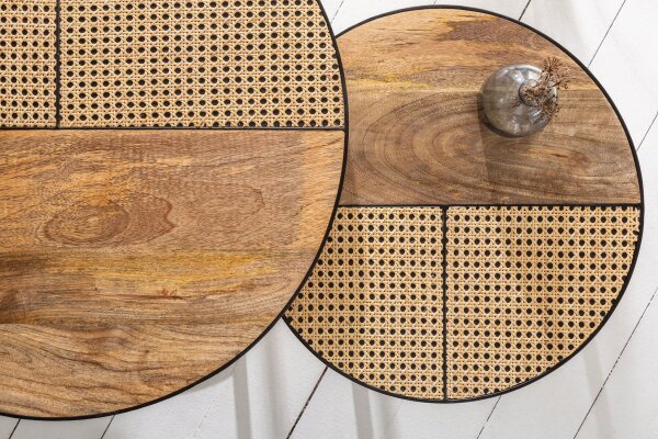 Table basse 2 pièces rotin mangue bois métal rond