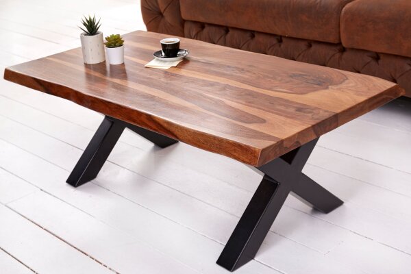 Table basse en bois de sheesham et métal, bord darbre 110x60 cm
