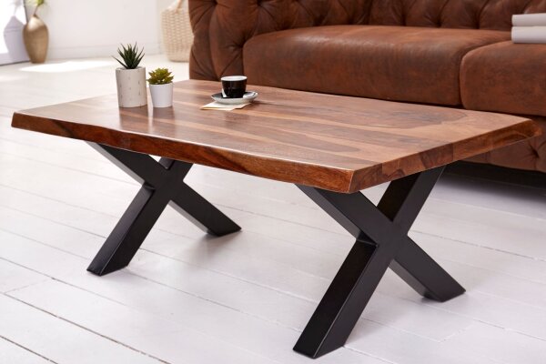 Table basse en bois de sheesham et métal, bord darbre 110x60 cm