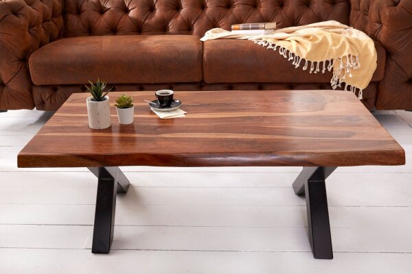 Table basse en bois de sheesham et métal, bord darbre 110x60 cm