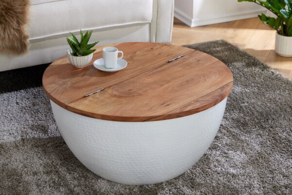 Table basse en bois dacacia métal naturel blanc 60x60 cm artisanale