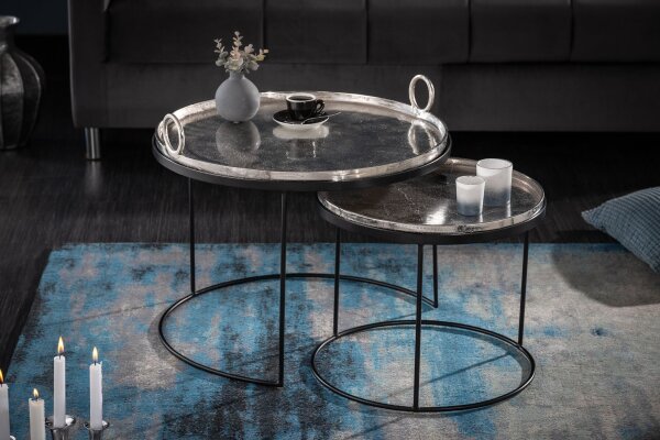 Set de 2 tables dappoint avec plateaux Métal argenté noir