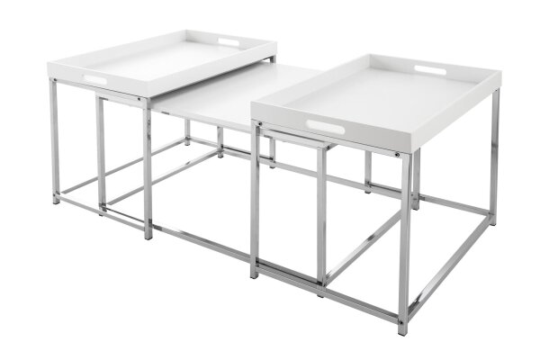 Table basse 2 pièces MDF métal blanc chrome avec plateaux