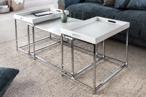 Table basse 2 pièces MDF métal blanc chrome avec plateaux
