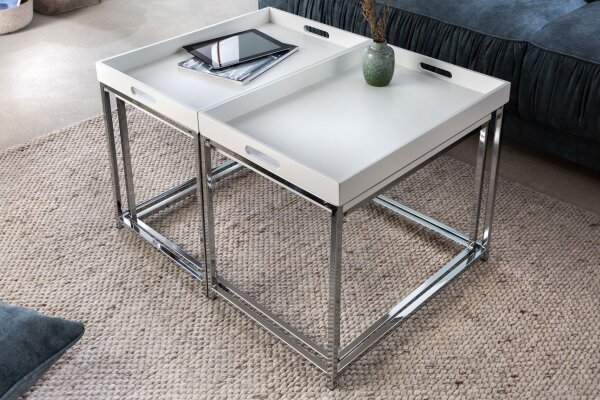 Table basse 2 pièces MDF métal blanc chrome avec plateaux