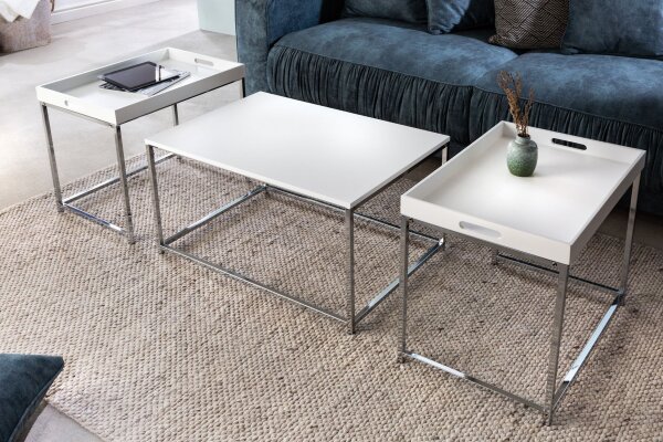 Table basse 2 pièces MDF métal blanc chrome avec plateaux