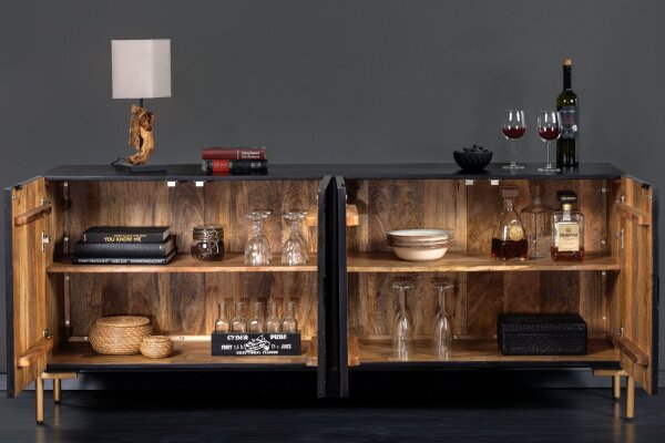 Buffet 160 cm bois métal noir cuivre or artisanat