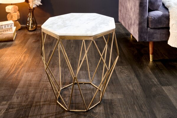 Table basse marbre métal en laiton blanc 50 x 50 cm