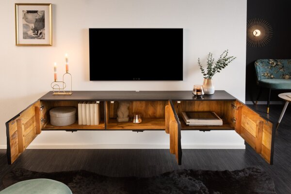 Meuble TV suspendu noir 160 cm bois de manguier fait main