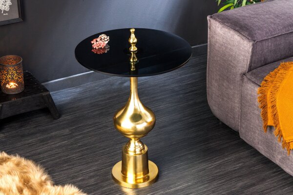 Table dappoint verre dur métal en or noir Ø 44 cm