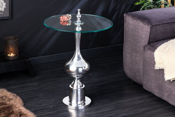 Table dappoint verre dur métal argenté Ø 44 cm
