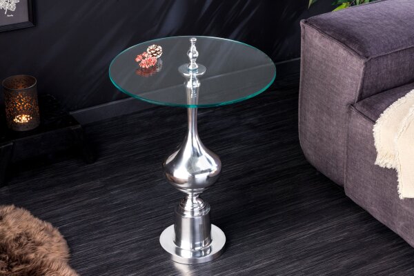 Table dappoint verre dur métal argenté Ø 44 cm