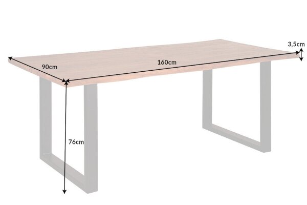 Table de salle à manger en bois dacacia, métal, bord darbre, piétement traîneau 160x90 cm