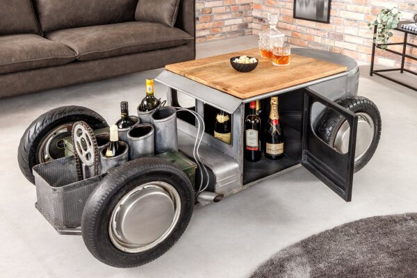 Table basse 165 cm artisanale Hot Rod avec meuble bar