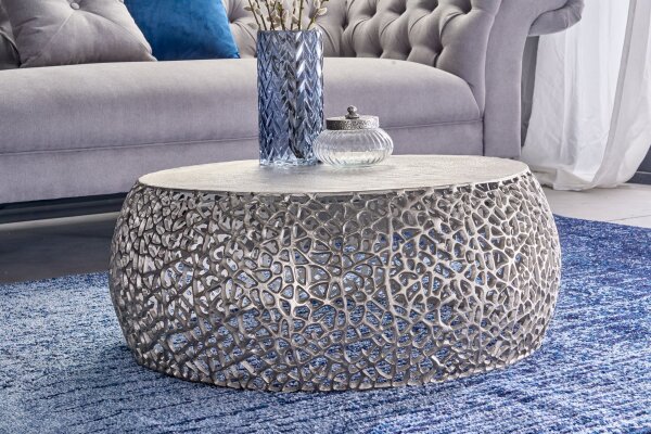 Table basse en métal argenté 73 x 73 cm artisanale