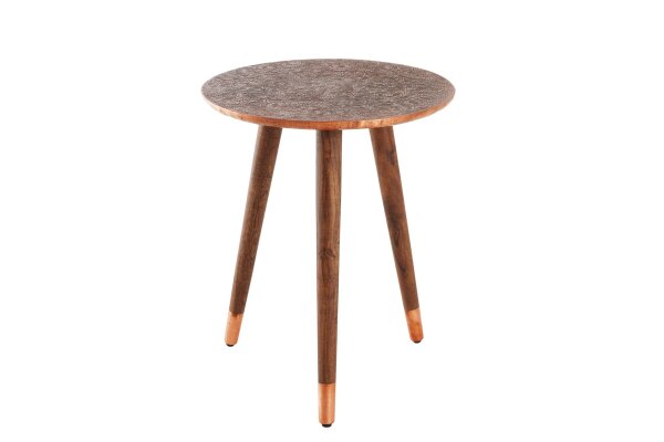 Table dappoint en bois dacacia métal cuivre antique Ø40cm Handmade