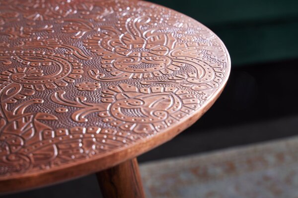 Table dappoint en bois dacacia métal cuivre antique Ø40cm Handmade