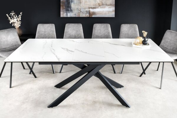 Table de salle à manger extensible céramique métal blanc noir