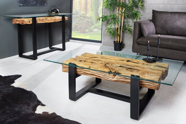 Table basse teck verre trempé inox 130 x 70 cm