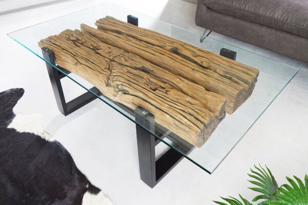 Table basse teck verre trempé inox 130 x 70 cm