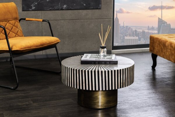 Table basse en marqueterie noire or blanc Ø 60 cm artisanale