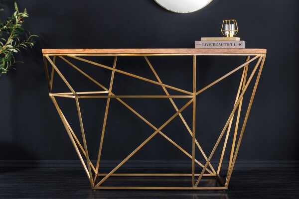 Table console mangue bois métal en laiton naturel 119 cm