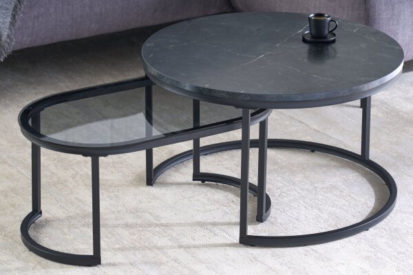 Set de 2 tables basses MDF verre trempé métal noir