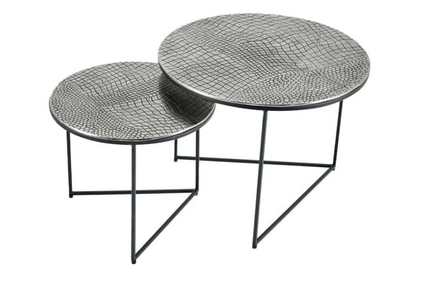 Table basse set de 2 pièces en métal argenté antique martelé