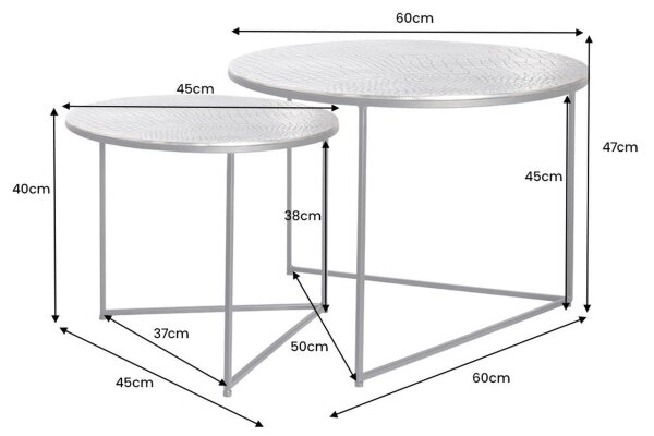 Table basse set de 2 pièces en métal argenté antique martelé