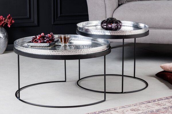 Table basse set de 2 avec plateau en argent noir fait main