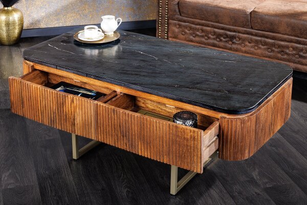 Table basse avec tiroir marbre mangue bois métal 110 cm