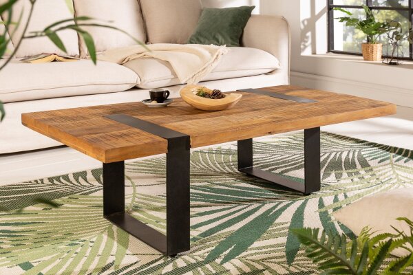 Table basse mangue bois métal 100 x 60 cm piètement traîneau