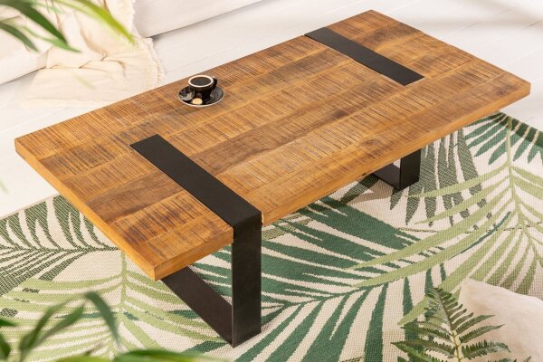 Table basse mangue bois métal 100 x 60 cm piètement traîneau