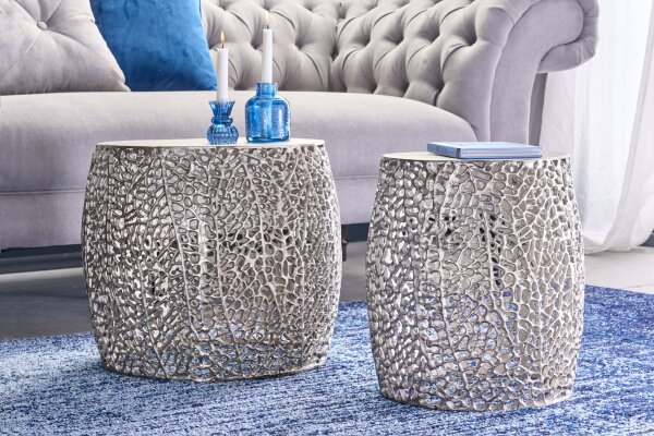 Table basse set de 2 pièces en métal argenté fait main