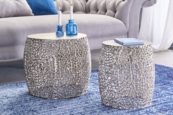 Table basse set de 2 pièces en métal argenté fait main